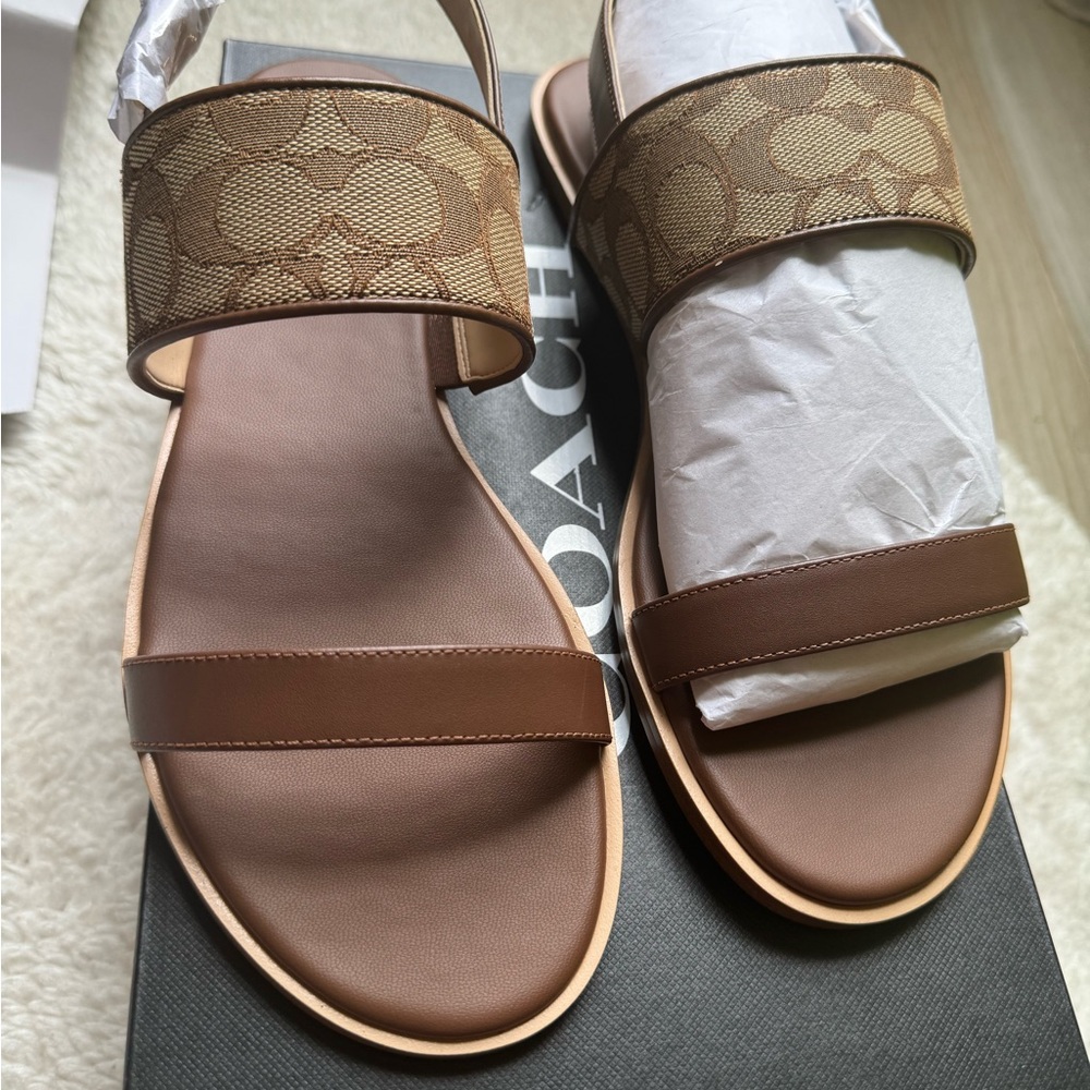 COACH Size  9.5 Women's Shoes Sandal Khaki SIG C HARLEY Saddle Leather NEW $168